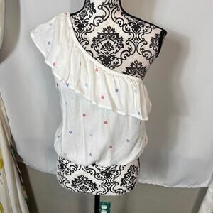 Hippie Rose white colorful heart cropped one shoulder blouse. Size medium
